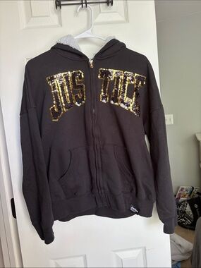 Justice Black Hoodie with Gold and Silver Sequin Logo